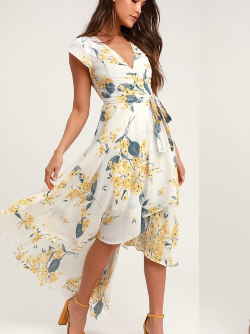Lulus French Countryside White and Yellow Floral Print High-Low Dress Floral